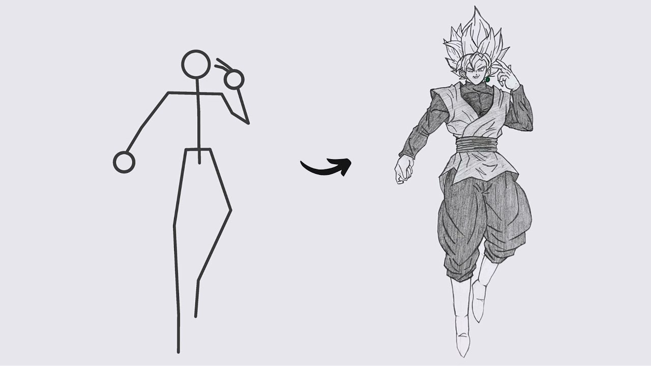 How to draw Goku Black Super Saiyan Full Body out of Stick Man | Easy Step by Step