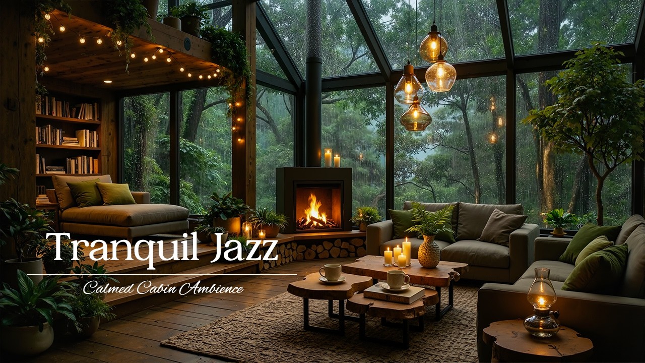 Tranquil Cabin Ambience In Forest with Fireplace and Rain Sounds - Cozy Piano Jazz for Reduce Stress