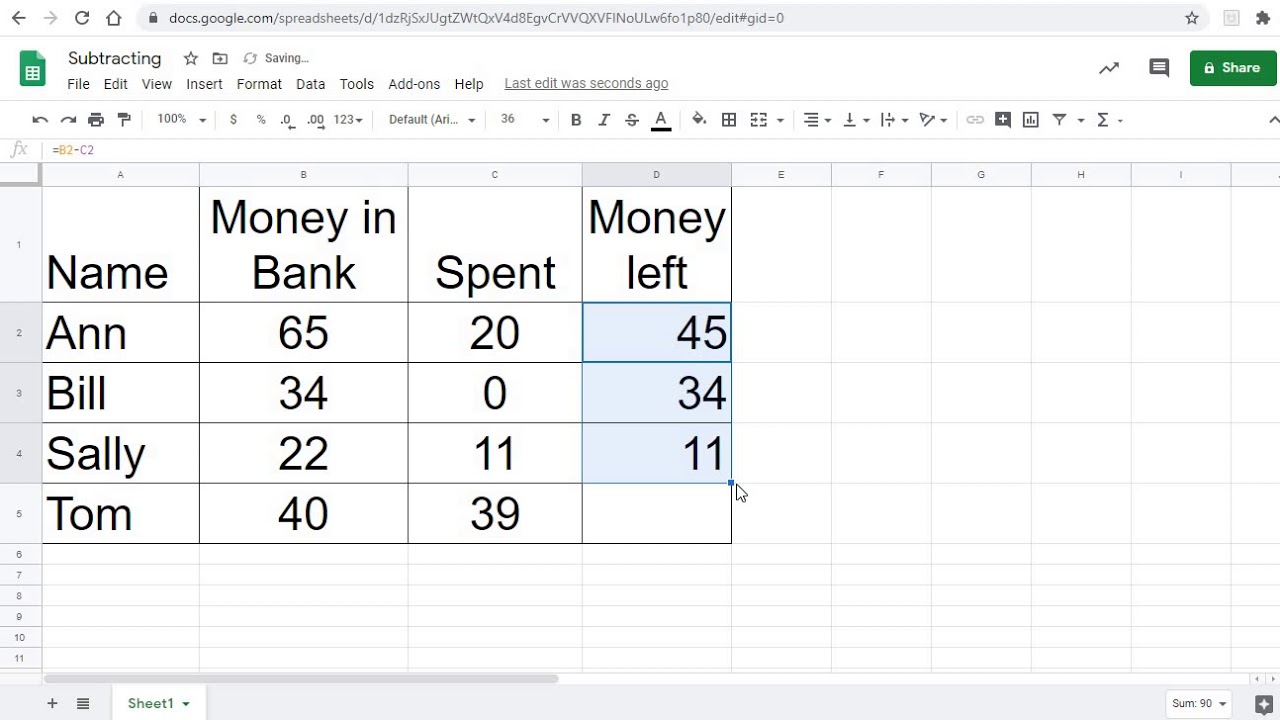 Subtracting cells on Google Sheets