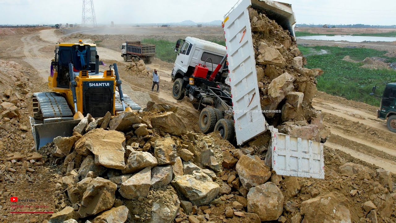 Incredible Almost Collapse 25T Truck Time To Rock Unloading & Smart Dozer SHANTUI Repairing Street