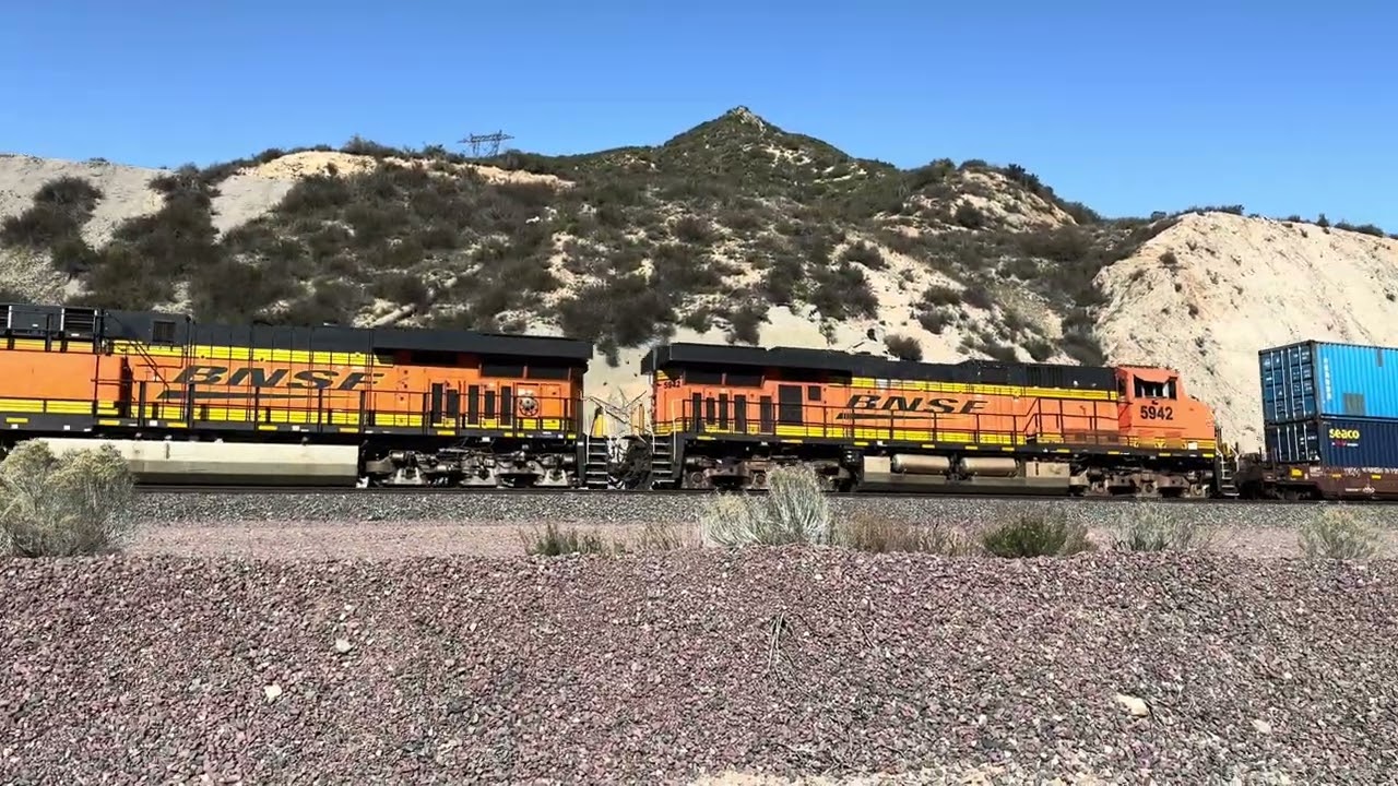 BNSF 4237 Leads Eastbound Monster Stack Train Rolling Through Blue Cut CA.