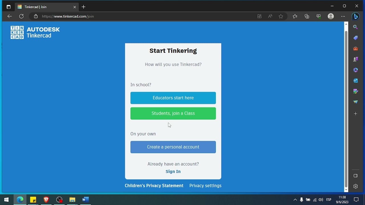 Crear Cuenta de  estudiante en Tinkercad 2023