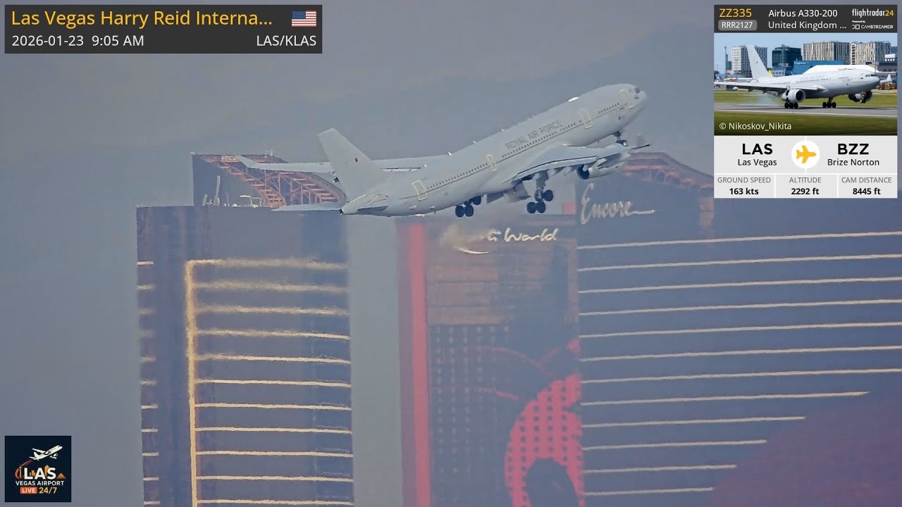 Rare Royal Air Force, ZZ335, Airbus 330-200 Departs LAS Vegas to RAF Brize Norton Station UK.
