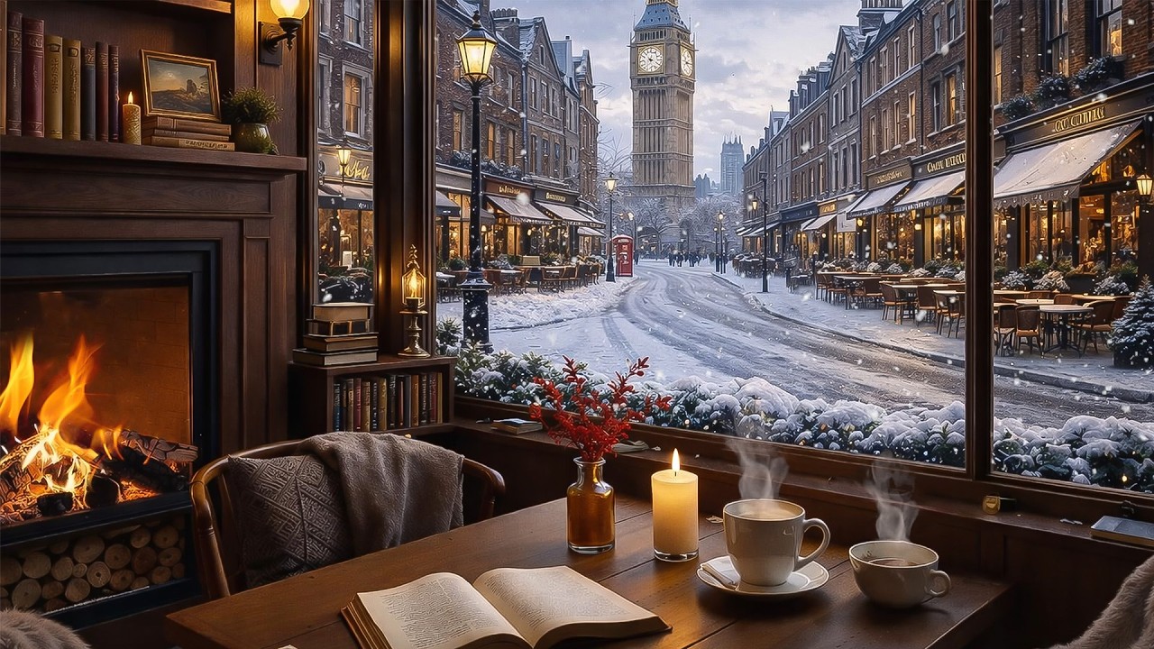 Cozy February Café Ambience & Rainy Street ☕ Jazz Music & Crackling Fireplace for Work, Deep Focus