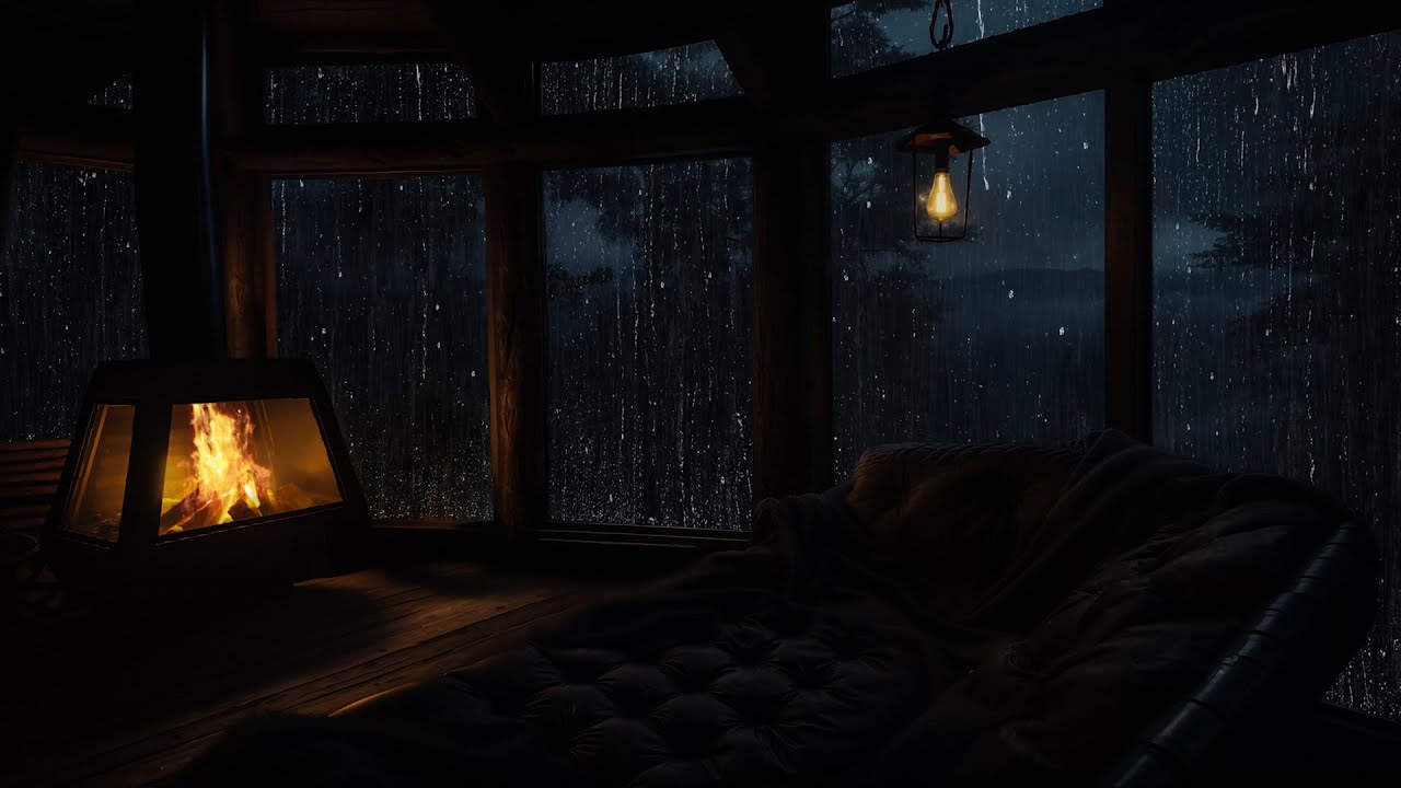 Wooden Cabin Shelter from the Rain with Fireplace | Warm Fire and Calm Night Ambience for Relaxing