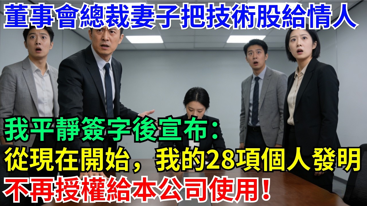總裁妻子把我32.5%的技術股給情人，我：現在開始，我的28項個人發明不授權給公司使用！#職場 #故事#家庭#退休生活#情感 #爽文#情感故事#小說#逆襲#深夜故事#老人頻道 #完結 #一口氣看完