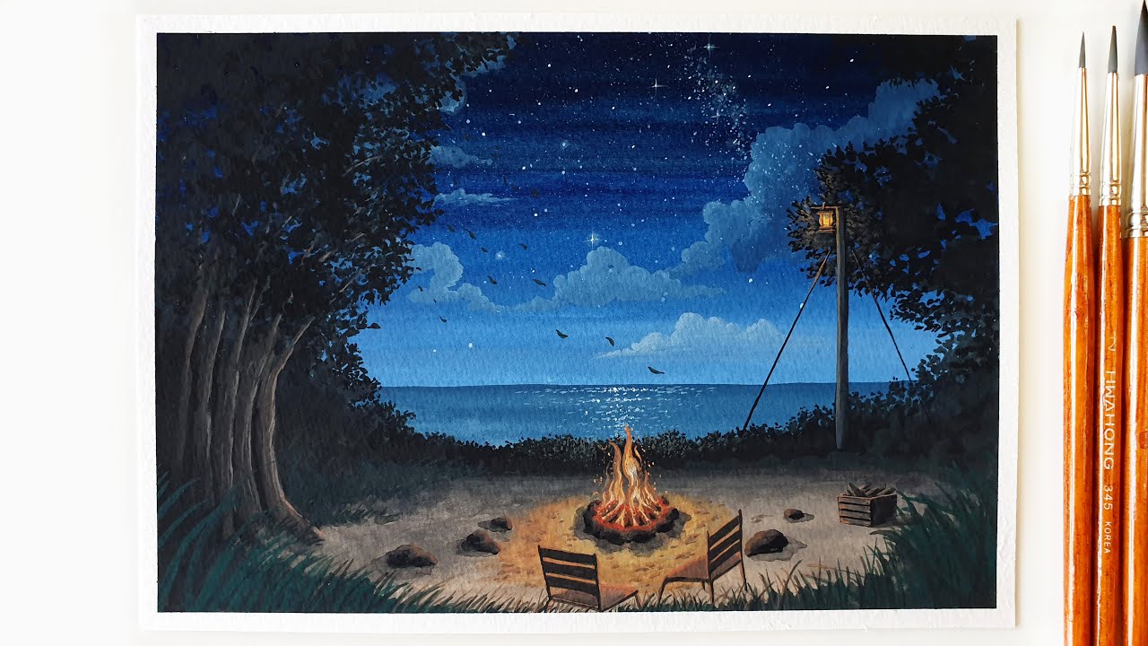 How to Paint a Campfire ｜ Gouache Painting ｜ Night Camping Painting