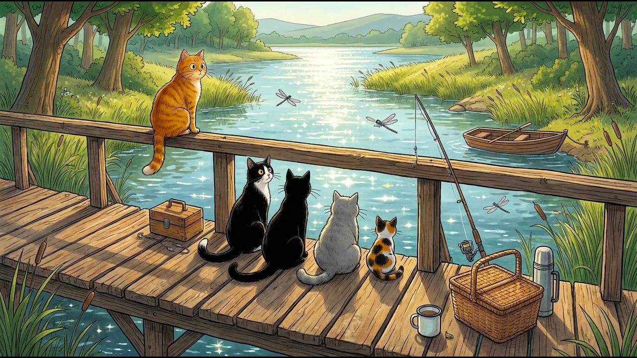 Peaceful River Bossa Nova 🌿 Cats Fishing by the Water  Relaxing Nature Ambience for Study, Relax 4