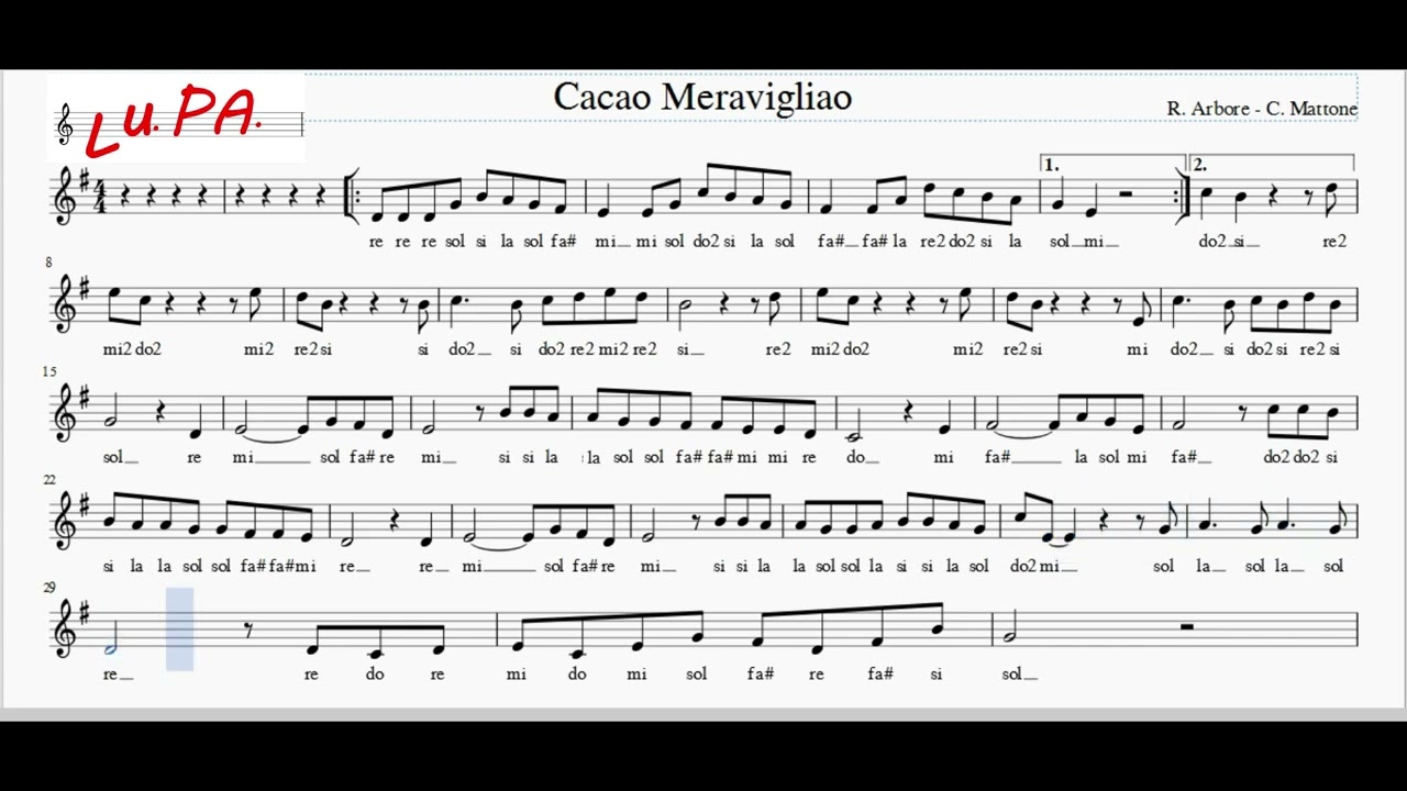 Cacao Meravigliao - Flauto dolce - Note - Spartito - Karaoke - Canto - Instrumental - Musica.