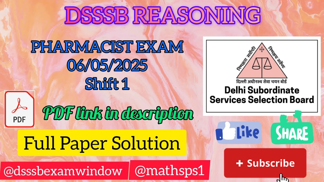 DSSSB Reasoning|| PHARMACIST||06/05/25|| Sh 1|| Full Paper Explain@dsssbexamwindow 