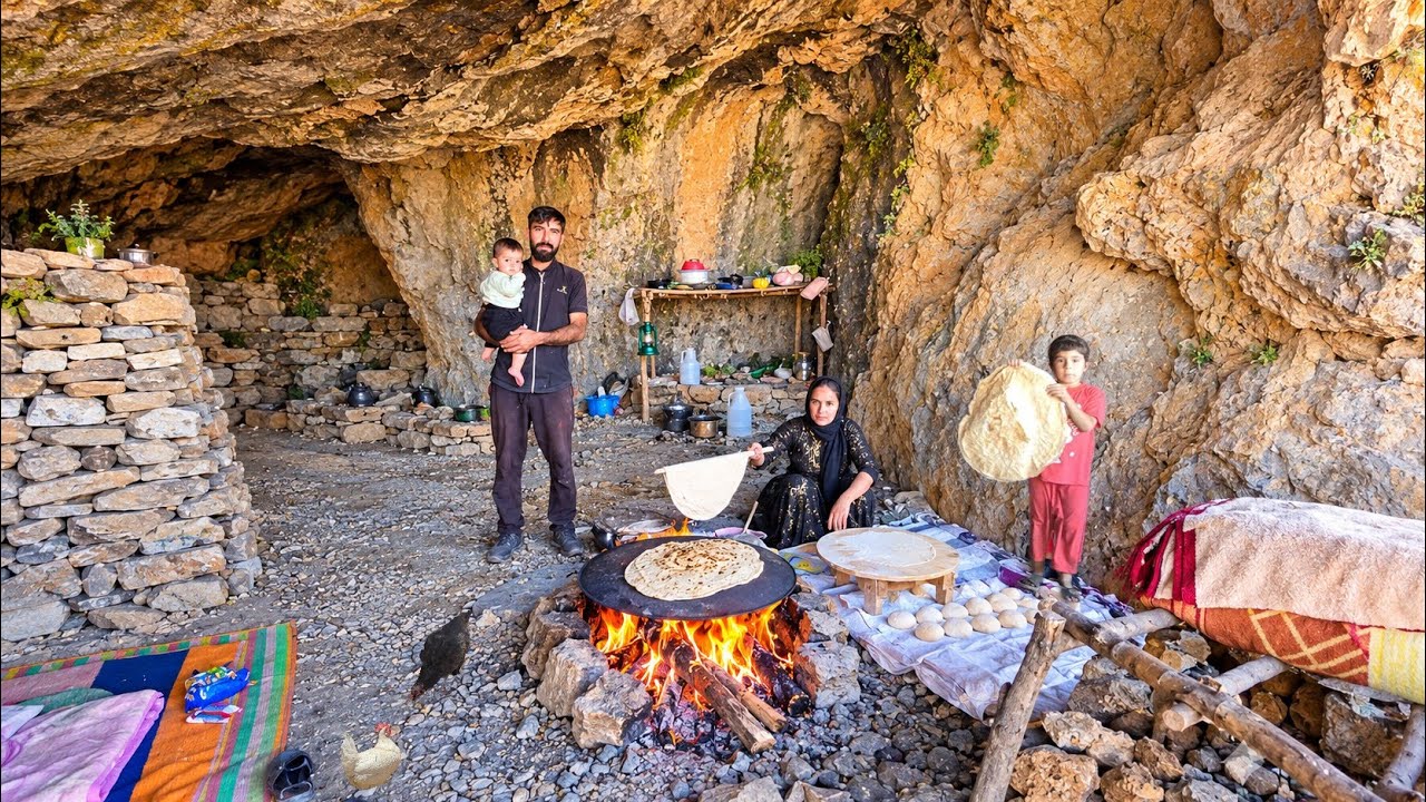Real Nomadic Cave Life in Iran&rsquo;s Zagros Mountains | Baking Traditional Bread the Old-Fashioned Way