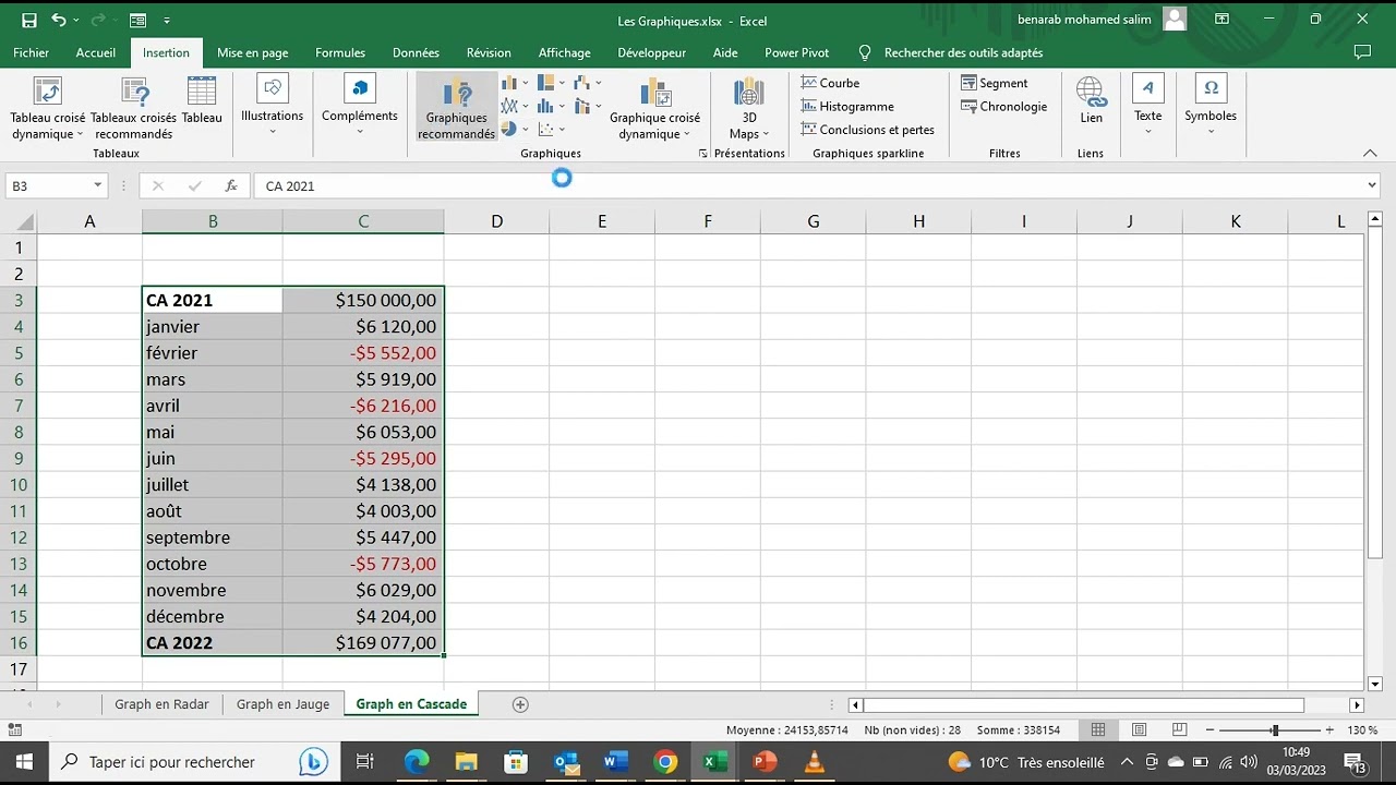 Cr&eacute;ation d'un graphique en Cascade (waterfall) Excel