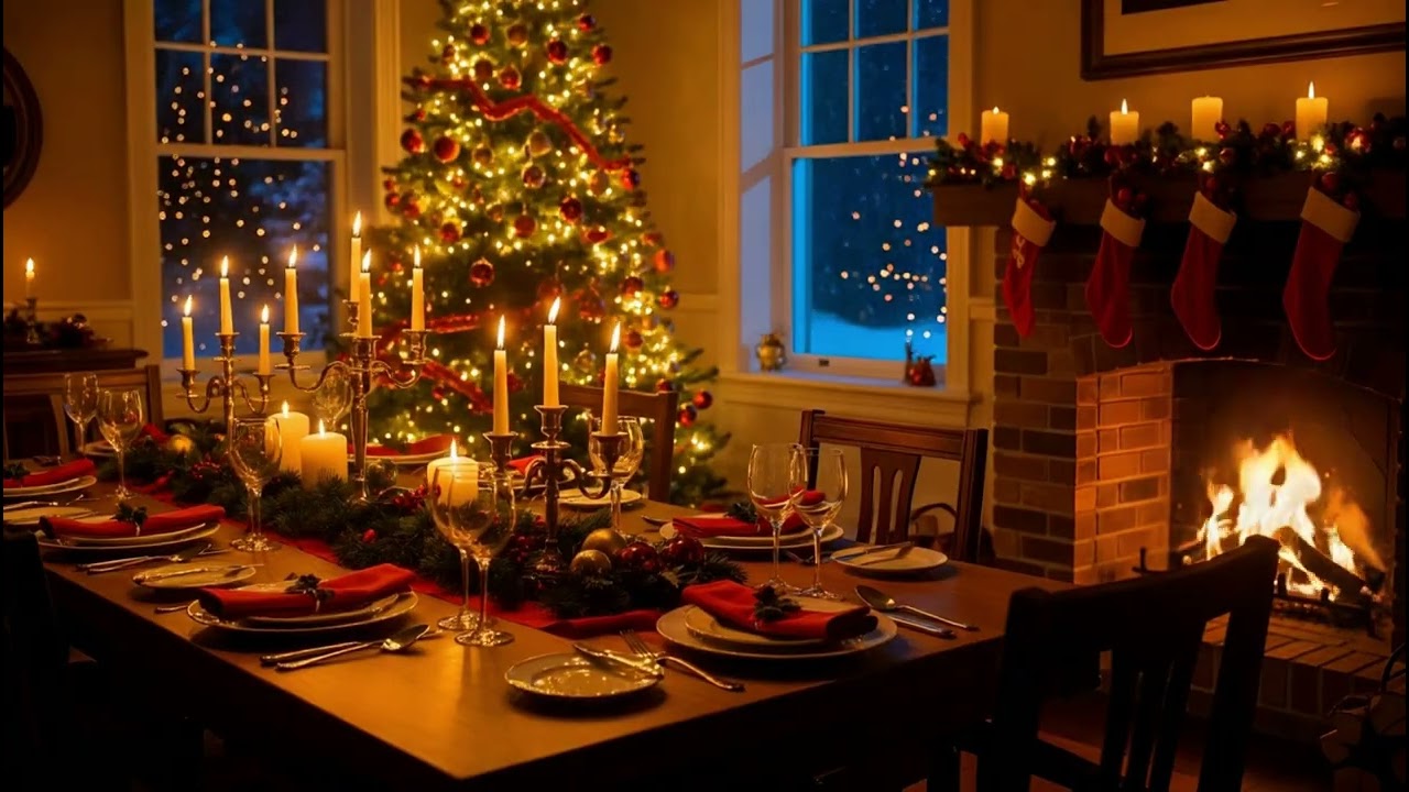Cozy Christmas Eve Dinner Ambience | 4H Fireplace, Snowy Night & Festive Table