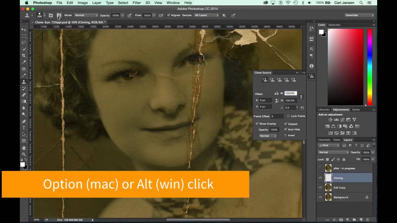 How to use the Clone Stamp tool and Clone Source panel to fix serious damage in old photos.