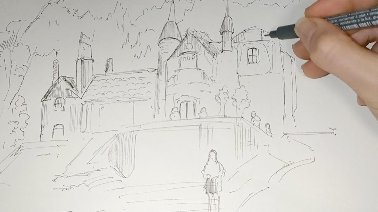 建物と人を描く練習。風景。