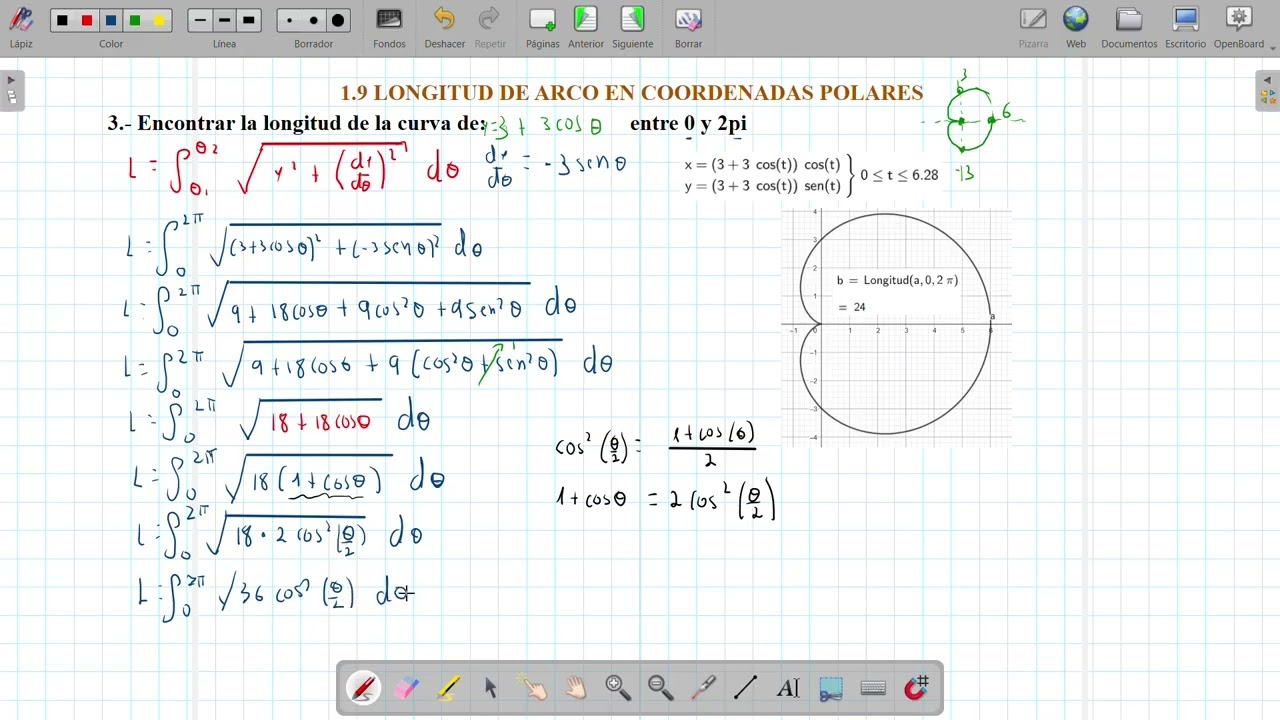 Ejercicio de longitud de arco de un cardiode o corazón en coordenadas polares r=3+3cos(teta)