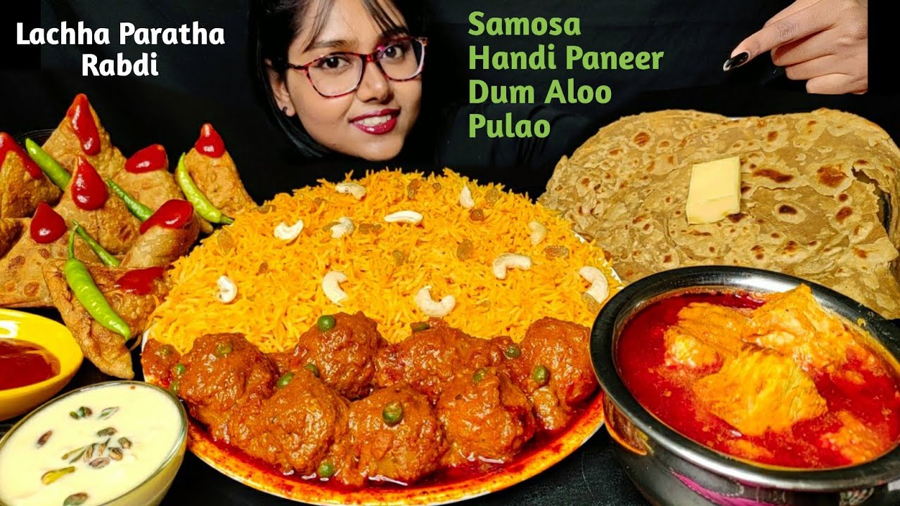Eating Samosa, Handi Paneer, Pulao, Dum Aloo, Rabdi | Big Bites | Veg Thali Mukbang | Foodie Darling