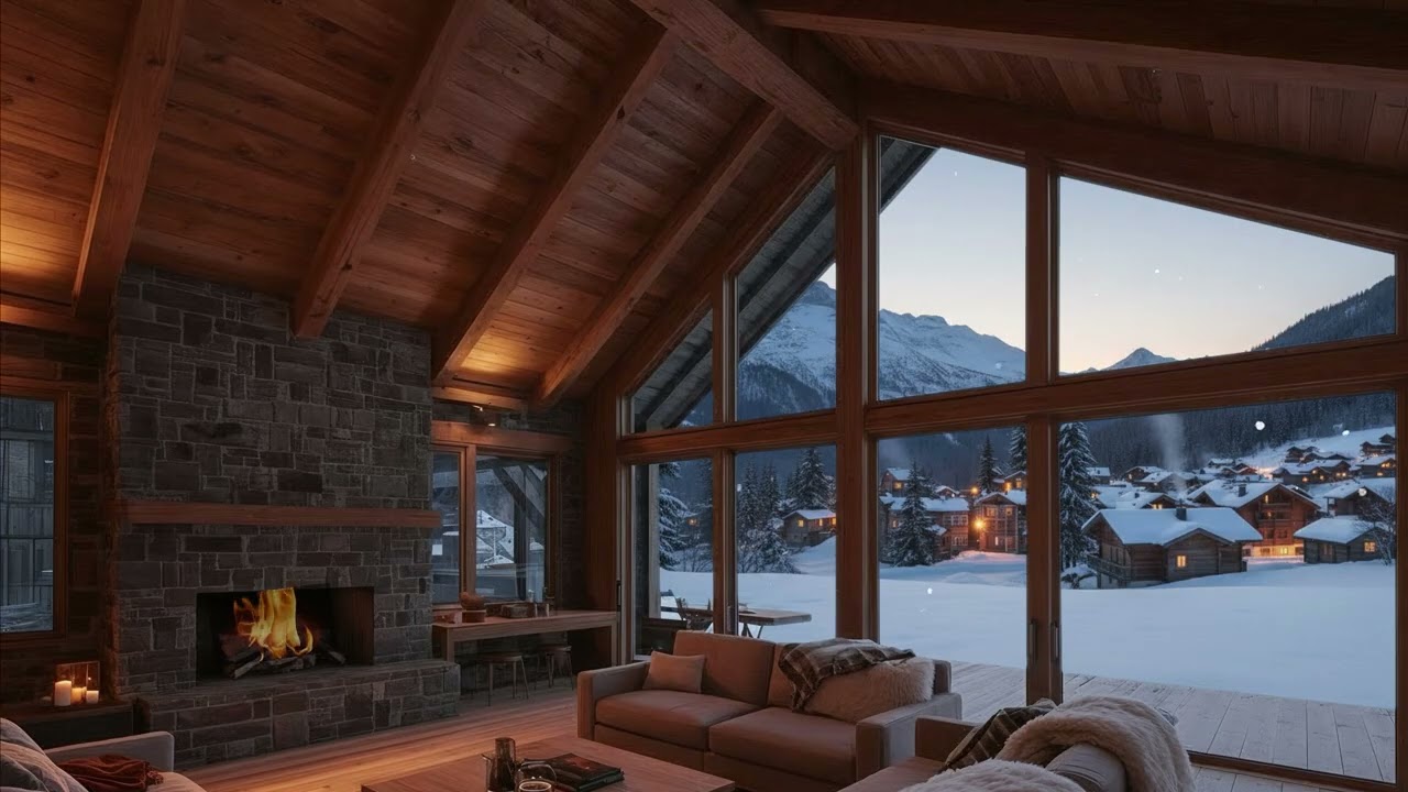 Relaxing Winter Snowfall with Soft Jazz in Cozy Winter Chalet for Relaxing, Studying and Working