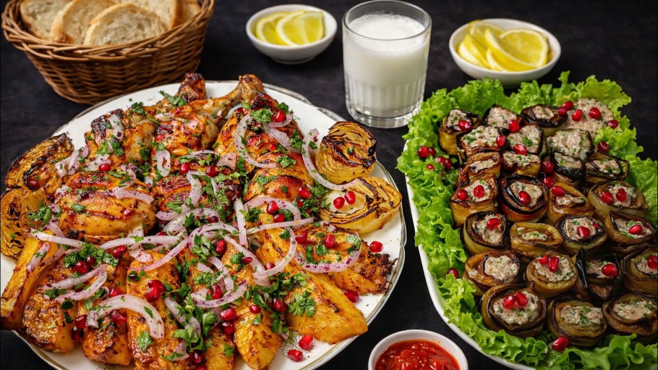 Nar kimi sobada qızarmış Toyuq kartof soğan evde düzəlmiş moyanez qozlu #badimcan ruleti 