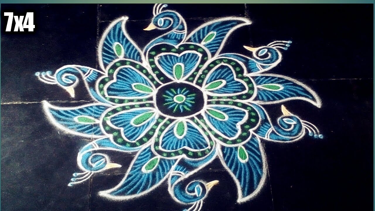 Easy and simple peacock rangoli design with 7x4 dots made easy to draw