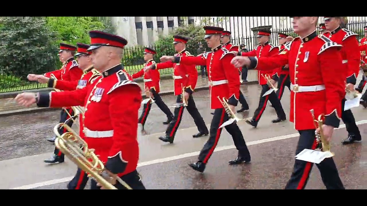 British Army Bands Colchester and Sandhurst returning following the King's Coronation.