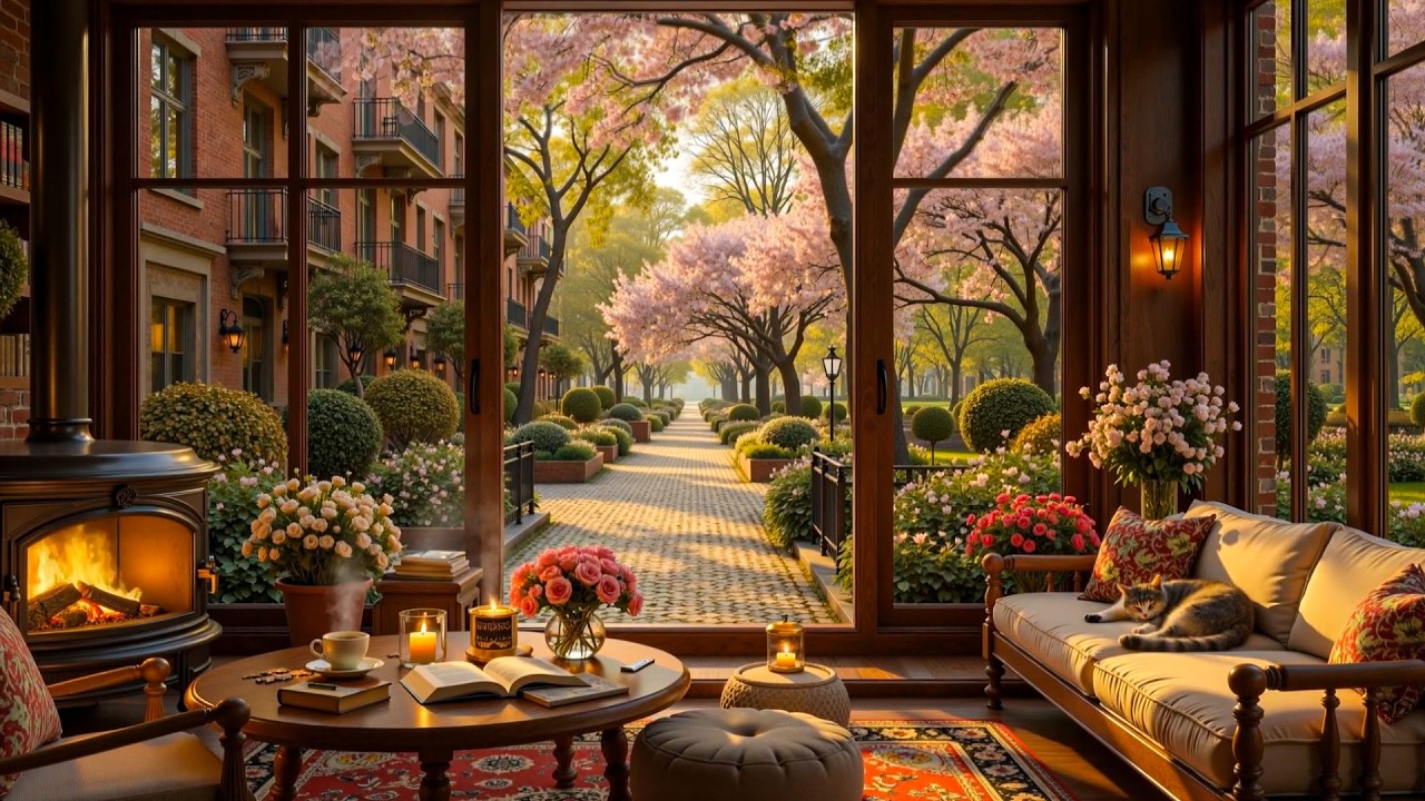 Tranquil Spring Jazz in a Cozy Coffee Shop 🌿 Soft Jazz Instrumental, Fireplace for Deep Focus