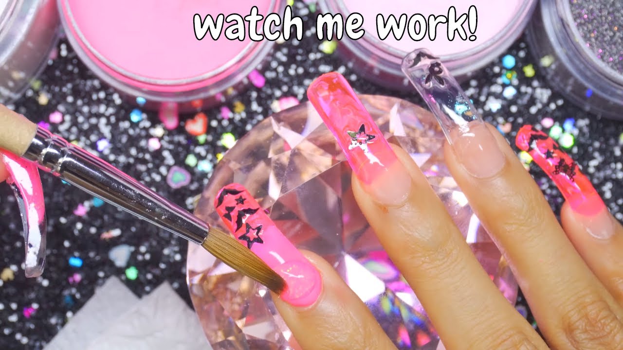 Acrylic Nails For Beginners! How To Do Your Dominant Hand! MODELONES Spooky Pink Curve Glitter Nails