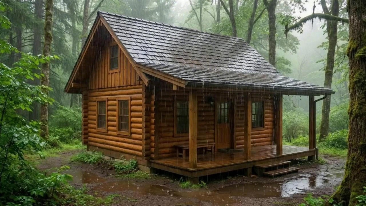 Gentle Rain on a Cozy Log Cabin in the Woods