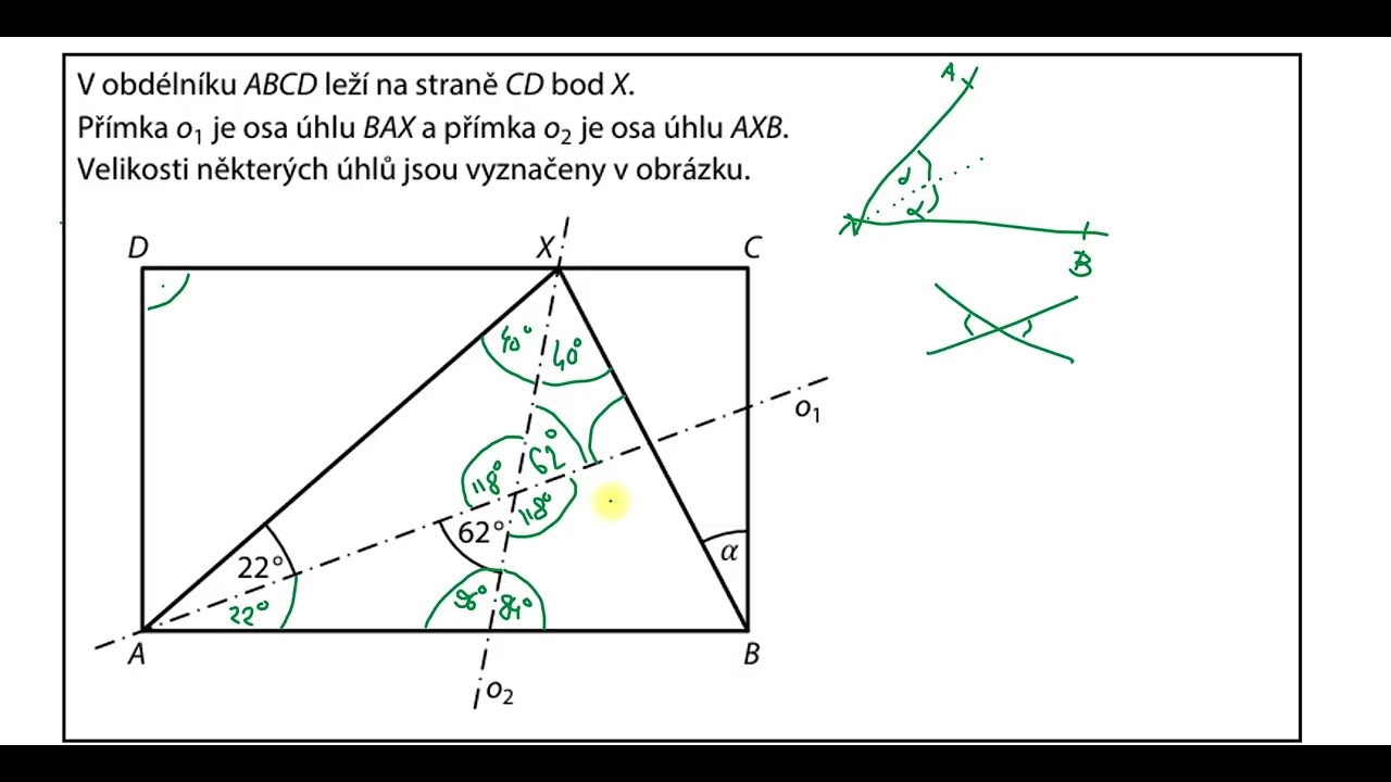 Řešený příklad - úhly: obdélník, trojúhelník, osy úhlu, přijímačky na střední školu