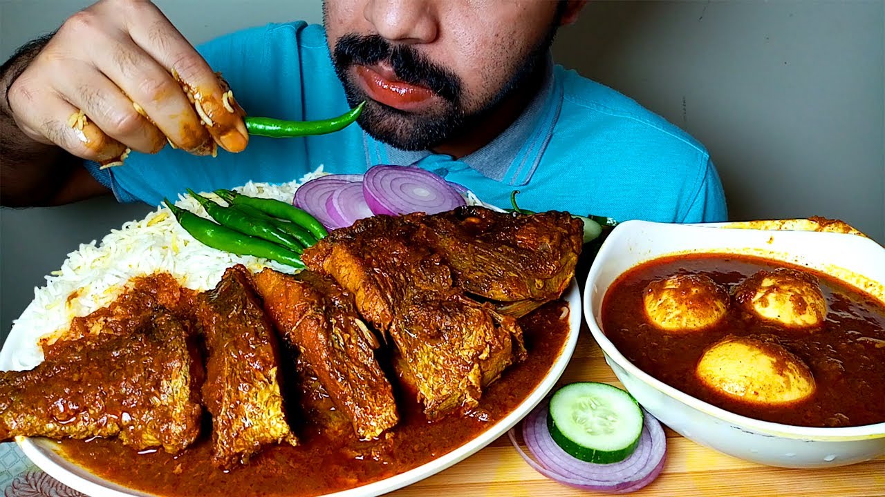 SPICY BIG FISH AND SPICY EGG CURRY WITH RICE EATING SHOW#HUNGRYpiran