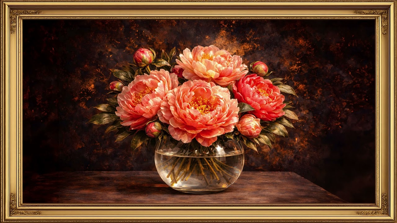 Vintage Coral Peony Painting | Frame TV Art 4K Screensaver (3 Hours)