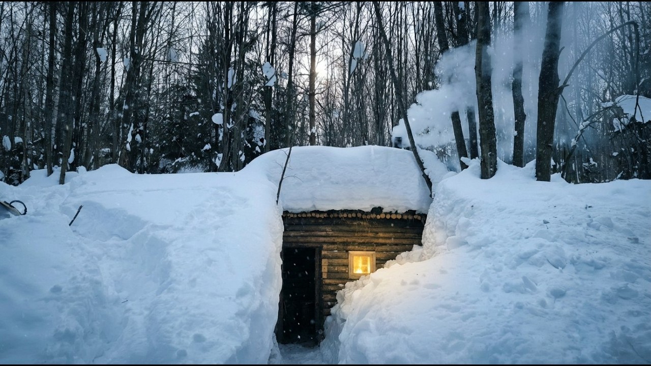 Dugout Buried Under Snow | A Cozy Night Underground