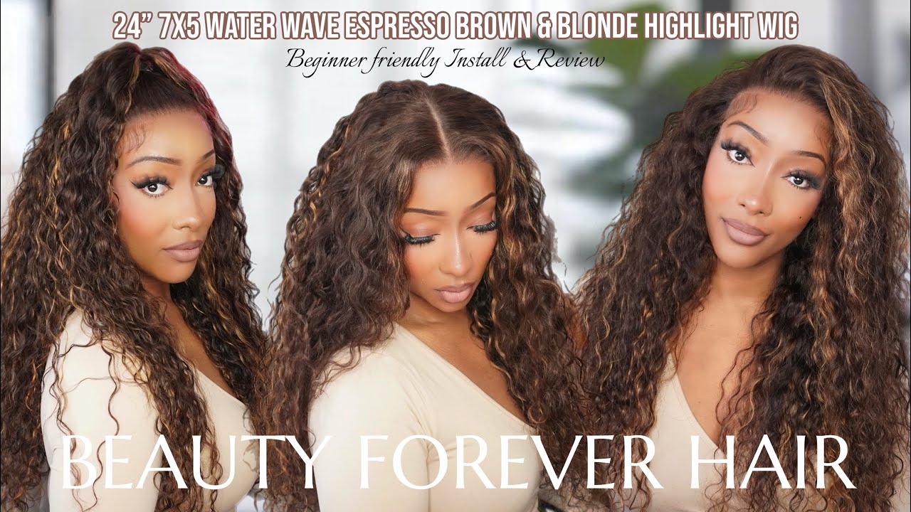 😍NEW!! Glueless Espresso Brown & Blonde Highlight Water Wave Wig Ft. Beauty Forever Hair