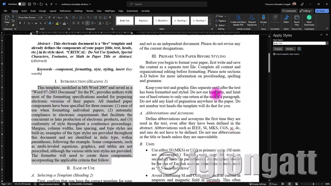 Uso de Styles in MS Word cuando se escribe un IEEE Conference Paper