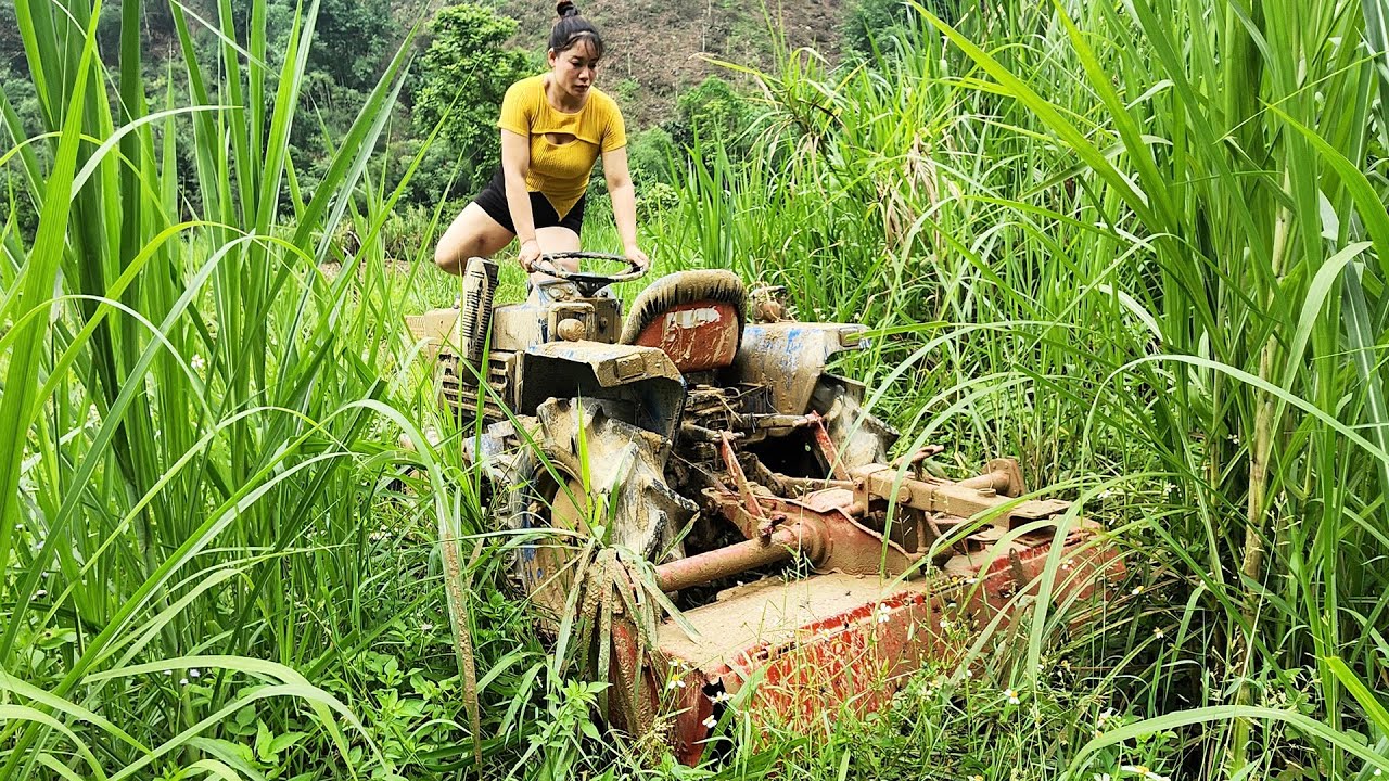 The girl repairs and restores old car agriculture that was abandoned a long time