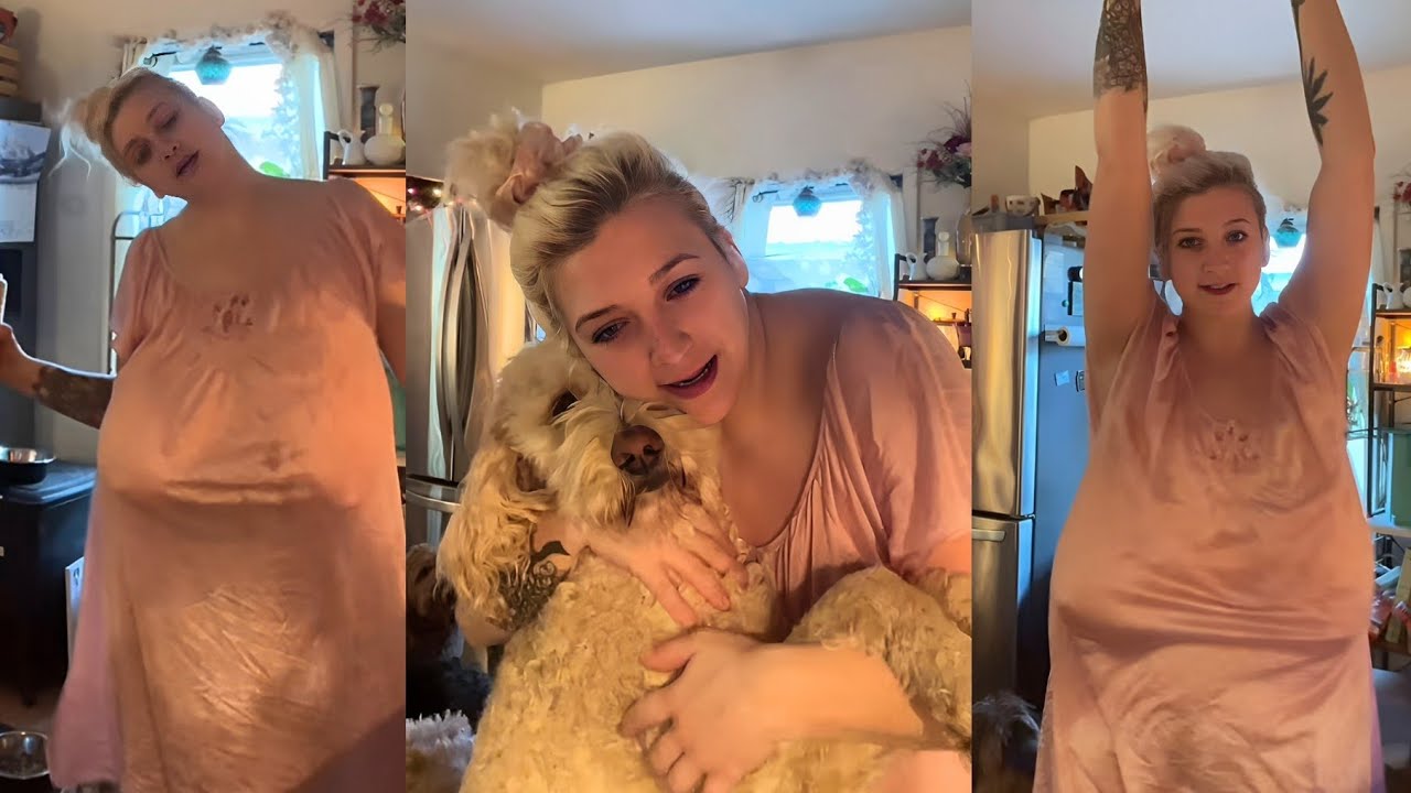 Daily Life Big Women Over 45 with Puppy at Home 