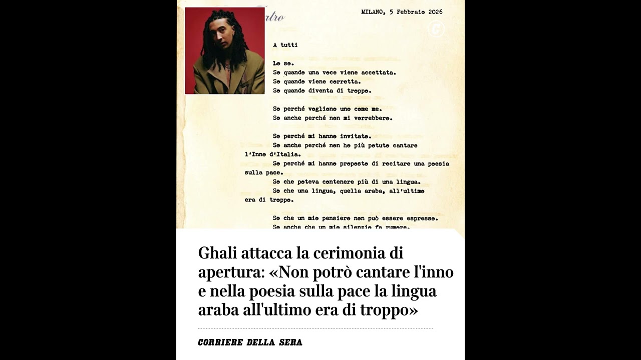 Ghali attacca la cerimonia di apertura: «Non potrò cantare inno, e l’arabo nella poesia era troppo»
