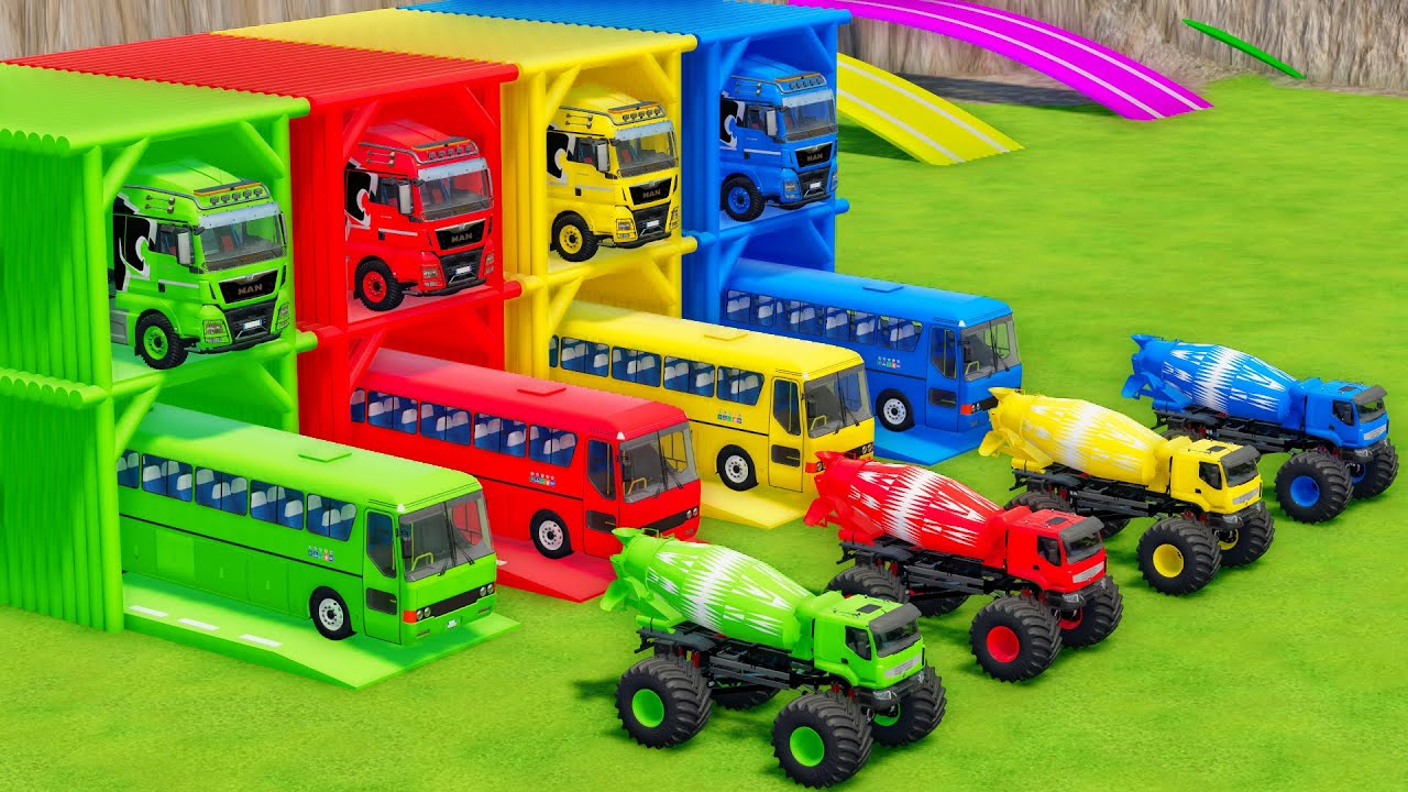 Garage with Colors - ALL MIXER TRUCK WITH DOUBLE FLATBED TRAILER TRUCK, MAN, LIZARD, RENAULT - FS22