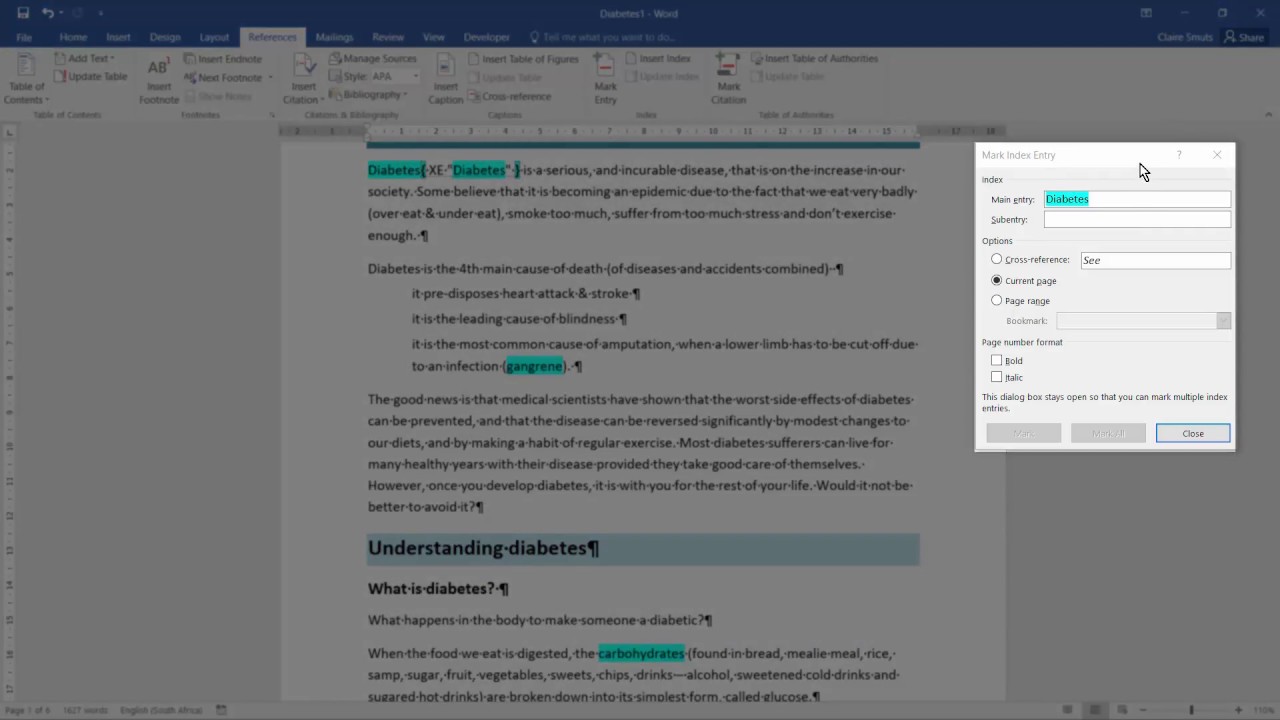 Index entries and creating an index