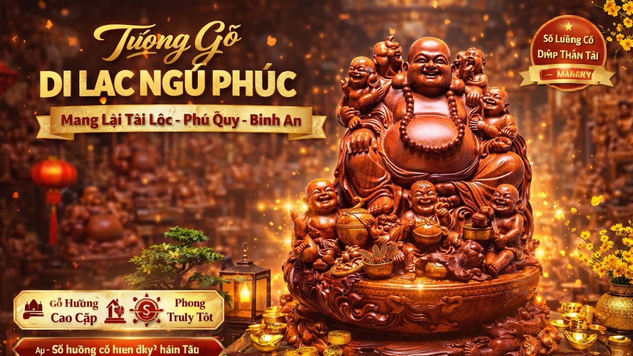 Di lạc ngũ phúc ( Phúc , Lộc , Thọ , Khang , Ninh ) tượng làm bằng gỗ hương đá , chế tác tinh xảo