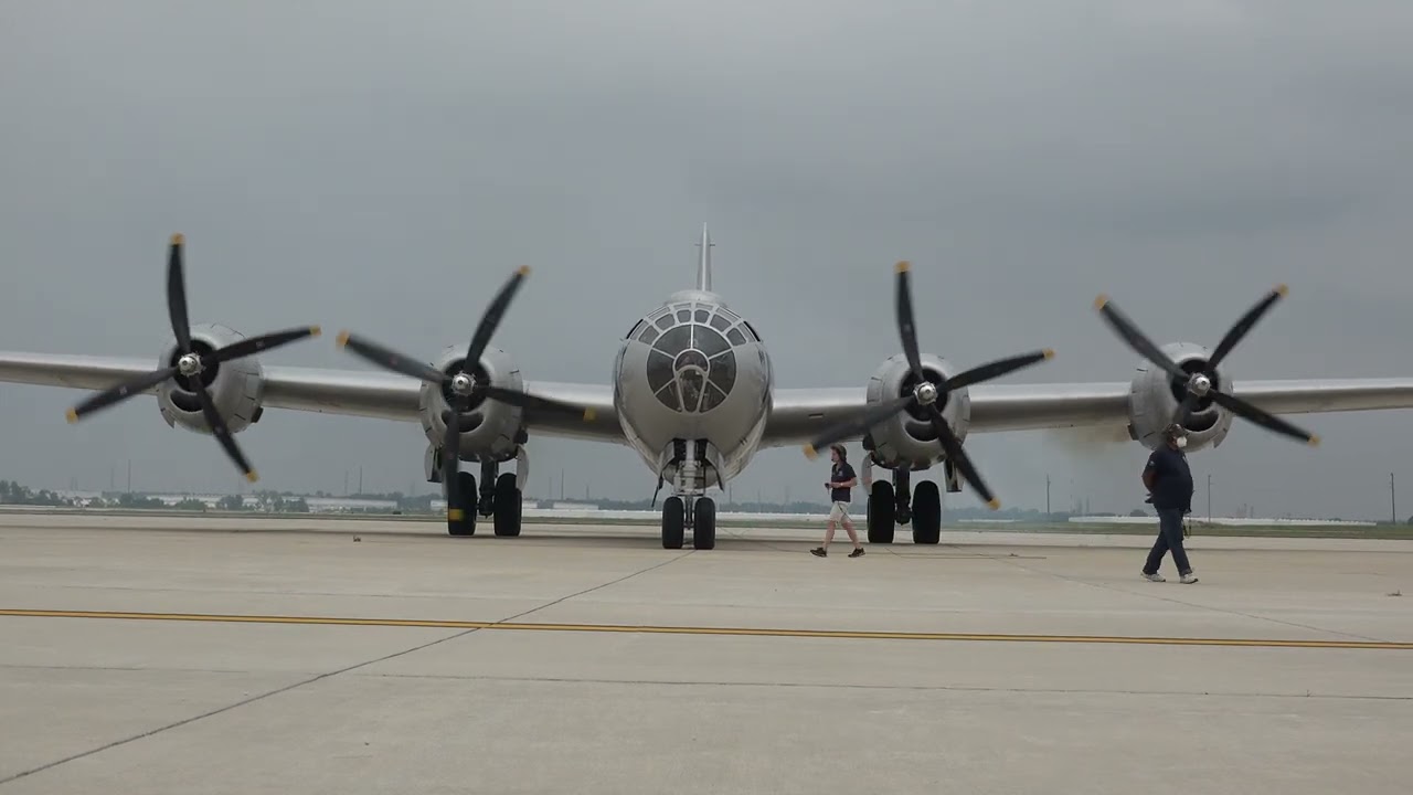 UP CLOSE B29 Super Fortress Bomber Engine Start - 16.5 Ft Diameter Props _ALL FOUR Engines Smoking