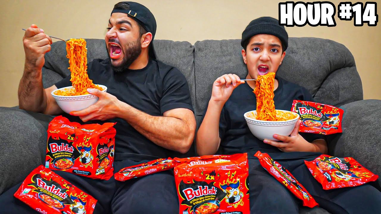 Last To Stop Eating KOREAN FIRE NOODLES Wins V-Bucks (FORTNITE CHALLENGE VS LITTLE BROTHER)