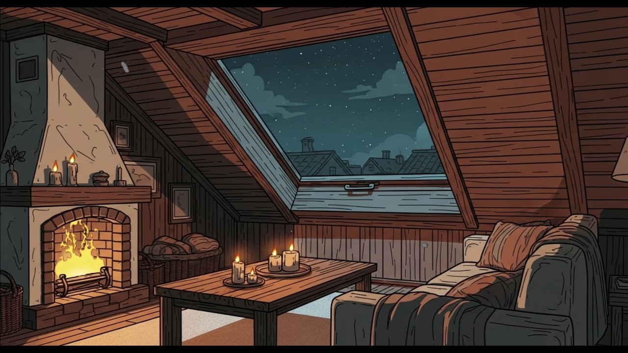 Vintage 1940s Tunes Playing in Another Room | Quiet Attic Fireplace Night