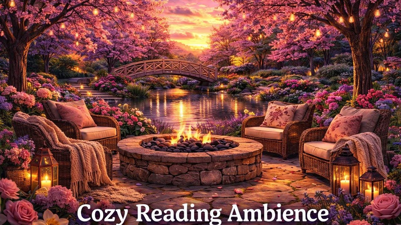 Romantic Spring Garden 🌸 Fireplace, Flowing Water & Soft Violin Music
