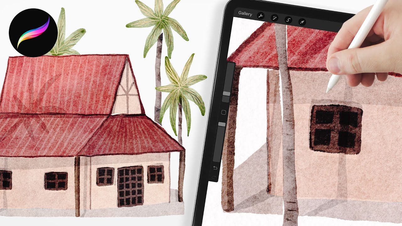 Tropical Watercolor Bungalow Illustration Tutorial // EASY Procreate watercolor brushes tutorial