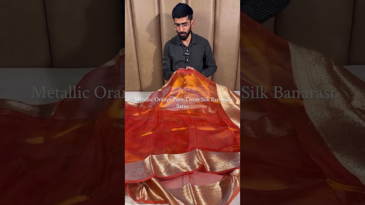 Eccentric Metallic Orange Shade 100% Pure Tissue Silk Banarasi Saree with Traditional Jacquard Weave