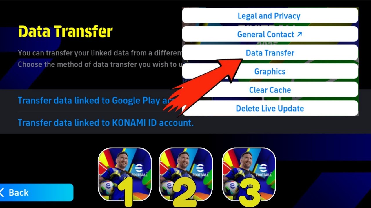 How to Transfer Data in efootball 2025 mobile - How to login other account, How to link Konami Data