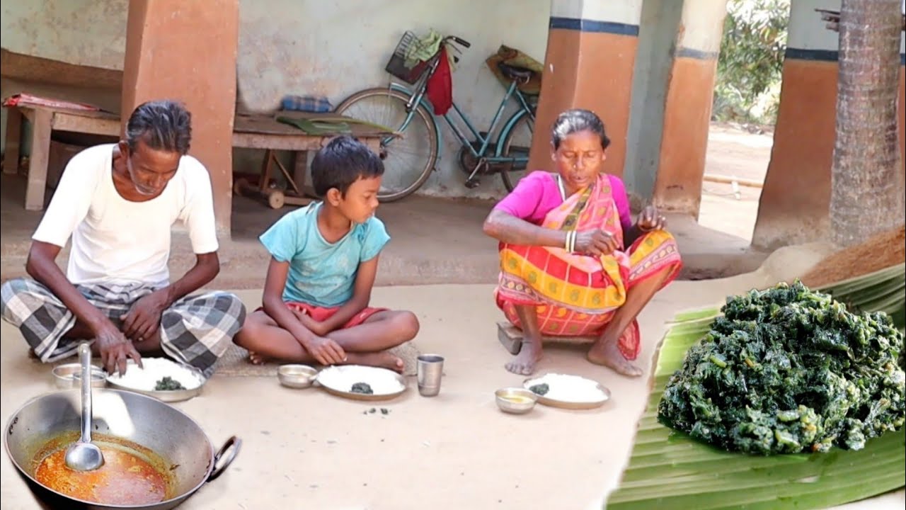 village grandma cooking bottle gourd leaf curry with small fish for her family || tribe community