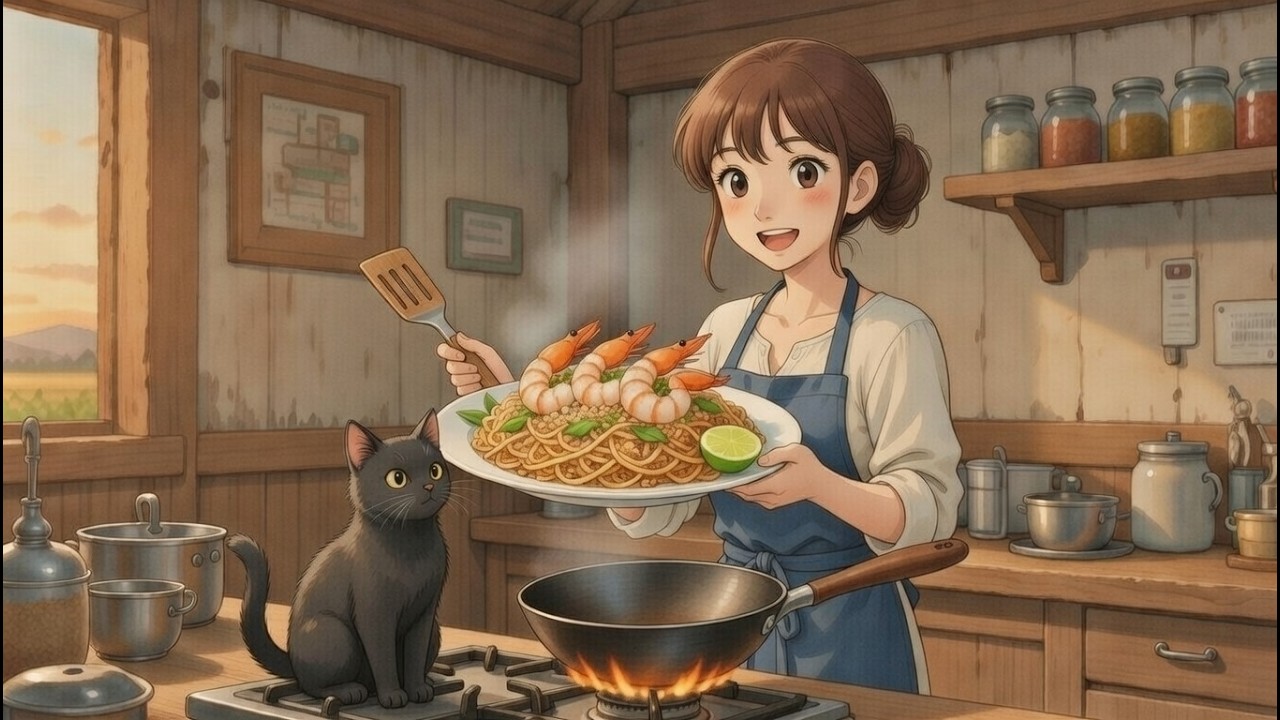Living Alone with My Black Cat: A Night of Fireflies and Pad Thai 🍝#Aesthetic #Anime #CozyChili