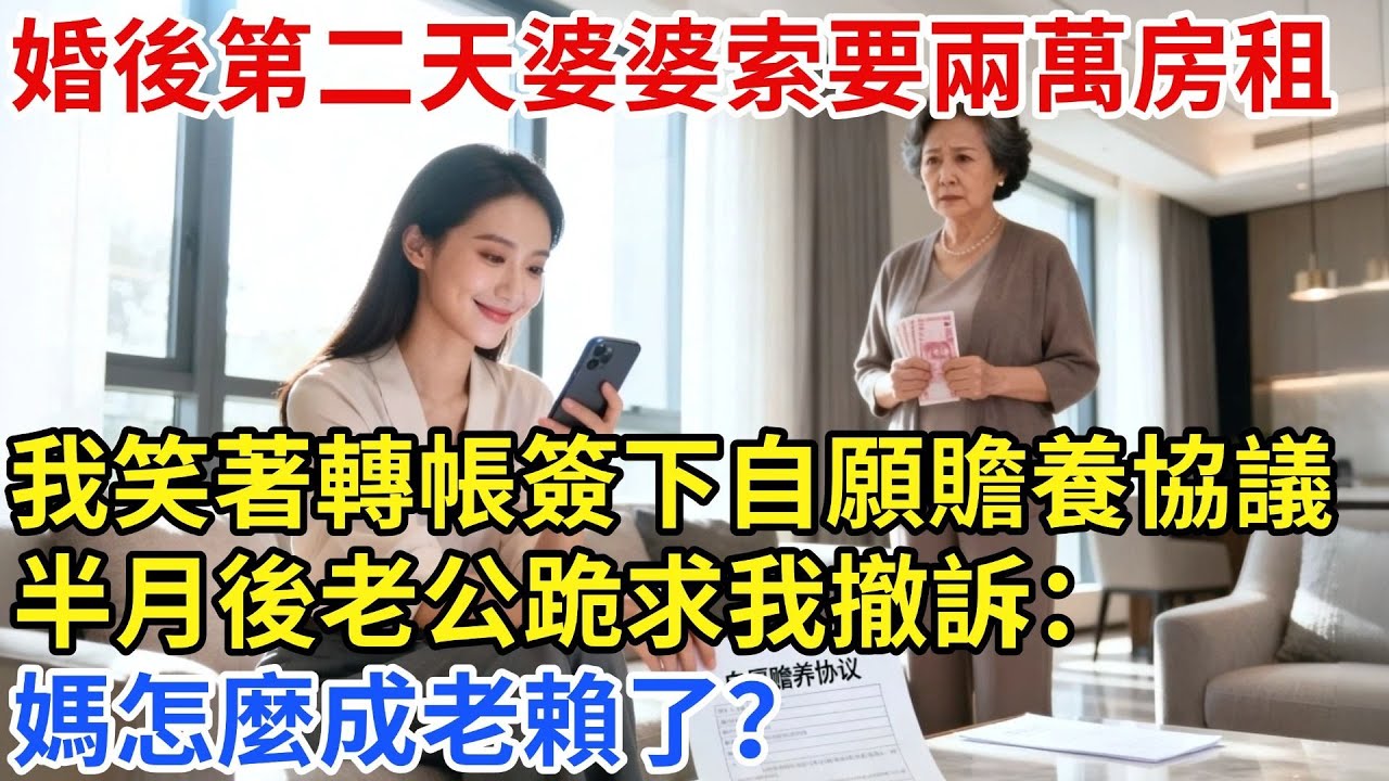 婚後第二天婆婆索要兩萬房租，我笑着轉賬並簽下“自願贍養協議”，半月後老公跪求我撤訴：媽怎麼成老賴了？#【家和錦囊】#婚姻家庭#婚後生活#婆媳矛盾#拒絕內耗#婆媳關